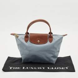 Longchamp Light Blue/Brown Nylon Small Short Le Pliage Tote