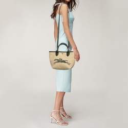 Longchamp Beige/Green Straw and Leather Small Le Panier Pliage Basket Bag