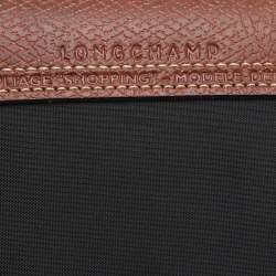 Pre Owned Longchamp Black/Brown Nylon and Leather Small Le Pliage Tote