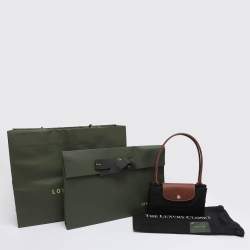 Pre Owned Longchamp Black/Brown Nylon and Leather Small Le Pliage Tote