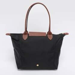 Pre Owned Longchamp Black/Brown Nylon and Leather Small Le Pliage Tote