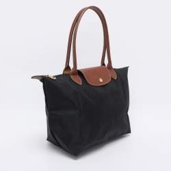 Pre Owned Longchamp Black/Brown Nylon and Leather Small Le Pliage Tote