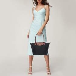 Pre Owned Longchamp Black/Brown Nylon and Leather Small Le Pliage Tote