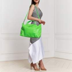 Pre Owned Longchamp Light Green Leather Large Le Pliage Tote