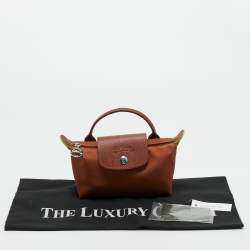 Pre Owned Longchamp Brown Leather and Nylon Le Pliage Pouch