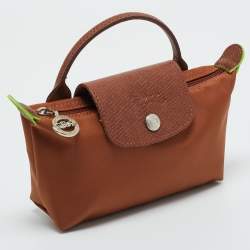 Pre Owned Longchamp Brown Leather and Nylon Le Pliage Pouch