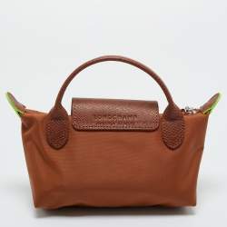 Pre Owned Longchamp Brown Leather and Nylon Le Pliage Pouch