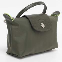 Pre Owned Longchamp Olive Green Leather and Nylon Le Pliage Pouch
