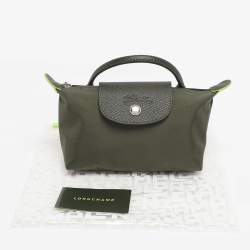 Pre Owned Longchamp Olive Green Leather and Nylon Le Pliage Pouch