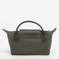 Pre Owned Longchamp Olive Green Leather and Nylon Le Pliage Pouch