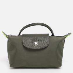 Pre Owned Longchamp Olive Green Leather and Nylon Le Pliage Pouch 