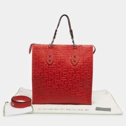 Pre Owned Longchamp Red Monogram Embossed Leather La Voyageuse Vertical Tote
