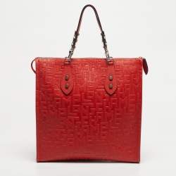 Pre Owned Longchamp Red Monogram Embossed Leather La Voyageuse Vertical Tote