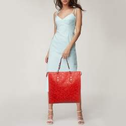 Pre Owned Longchamp Red Monogram Embossed Leather La Voyageuse Vertical Tote