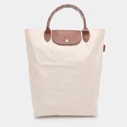 Pre Owned Longchamp Light Beige/Brown Nylon and Leather Le Pliage M Tote