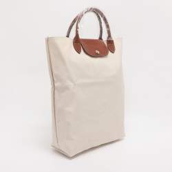 Pre Owned Longchamp Light Beige/Brown Nylon and Leather Le Pliage M Tote
