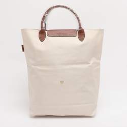 Pre Owned Longchamp Light Beige/Brown Nylon and Leather Le Pliage M Tote