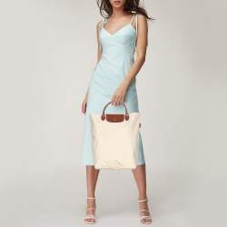 Pre Owned Longchamp Light Beige/Brown Nylon and Leather Le Pliage M Tote