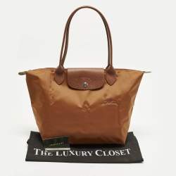 Pre Owned Longchamp Le Pliage Long Handle M Brown Leather and Nylon Tote