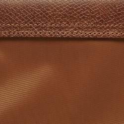 Pre Owned Longchamp Le Pliage Long Handle M Brown Leather and Nylon Tote