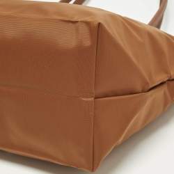 Pre Owned Longchamp Le Pliage Long Handle M Brown Leather and Nylon Tote
