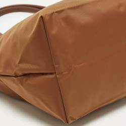 Pre Owned Longchamp Le Pliage Long Handle M Brown Leather and Nylon Tote