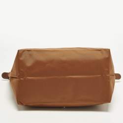 Pre Owned Longchamp Le Pliage Long Handle M Brown Leather and Nylon Tote
