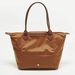 Pre Owned Longchamp Le Pliage Long Handle M Brown Leather and Nylon Tote