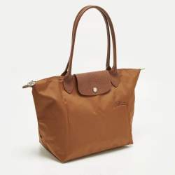 Pre Owned Longchamp Le Pliage Long Handle M Brown Leather and Nylon Tote