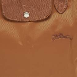 Pre Owned Longchamp Le Pliage Long Handle M Brown Leather and Nylon Tote