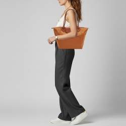 Pre Owned Longchamp Le Pliage Long Handle M Brown Leather and Nylon Tote