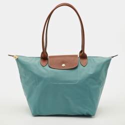 مملوكة مسبقًا Longchamp Le Pliage Medium Light Blue/Brown Nylon and Leather Tote