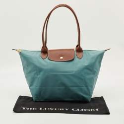 مملوكة مسبقًا Longchamp Le Pliage Medium Light Blue/Brown Nylon and Leather Tote
