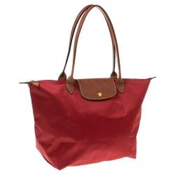 Pre Owned Longchamp Red Nylon and Leather Le Pliage Tote