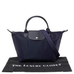Pre Owned Longchamp Navy Blue Nylon and Leather Small Le Pliage Tote