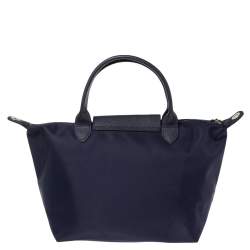Pre Owned Longchamp Navy Blue Nylon and Leather Small Le Pliage Tote