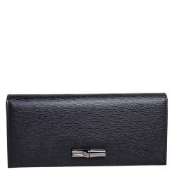 Pre Owned Longchamp Black Textured Leather Flap Continental Wallet 