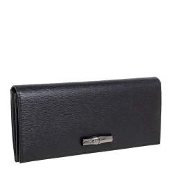 مملوكة مسبقًا Longchamp Black Textured Leather Flap Continental Wallet 
