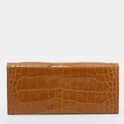 Pre Owned Longchamp Brown Croc Embossed Leather Roseau Continental Wallet 