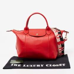 Pre Owned Longchamp Red Leather Le Pliage Tote
