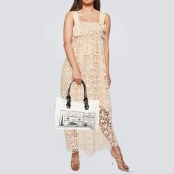 Longchamp White Leather And Canvas Tote