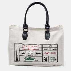 Longchamp White Leather And Canvas Tote