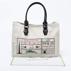 Longchamp White Leather And Canvas Tote