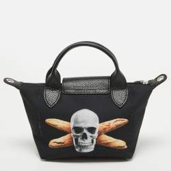 Pre Owned Longchamp x Toiletpaper Black Canvas and Leather XS Le Pliage Tote