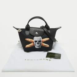 Pre Owned Longchamp x Toiletpaper Black Canvas and Leather XS Le Pliage Tote