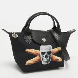 Pre Owned Longchamp x Toiletpaper Black Canvas and Leather XS Le Pliage Tote