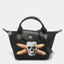 Pre Owned Longchamp x Toiletpaper Black Canvas and Leather XS Le Pliage Tote