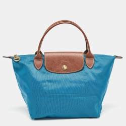 Longchamp Brown/Teal Blue Nylon and Leather Small Short Le Pliage Tote