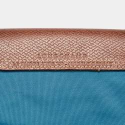 Longchamp Brown/Teal Blue Nylon and Leather Small Short Le Pliage Tote