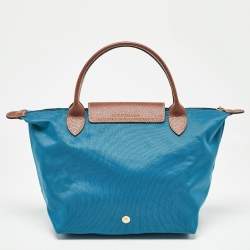 Longchamp Brown/Teal Blue Nylon and Leather Small Short Le Pliage Tote